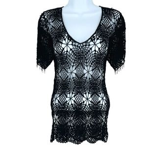 Vintage 90's Y2K The Limited Handknit Crochet Lace Beaded Short Sleeve Top Sz M